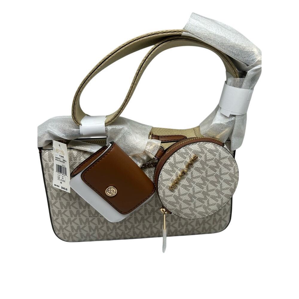 Michael Kors White/Tan Jet Set Logo Crossbody Bag with Case Apple AirPods Pro - Picture 4 of 14